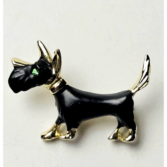 VTG Scottie Dog Brooch Green Emerald Crystal Gold Tone & Blk 1.3" Long VGC! - Picture 2 of 6